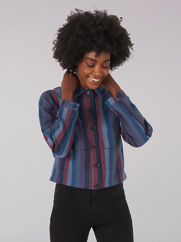 Women's Vintage Modern Stripe Crop Service Chore Button Down Shirt