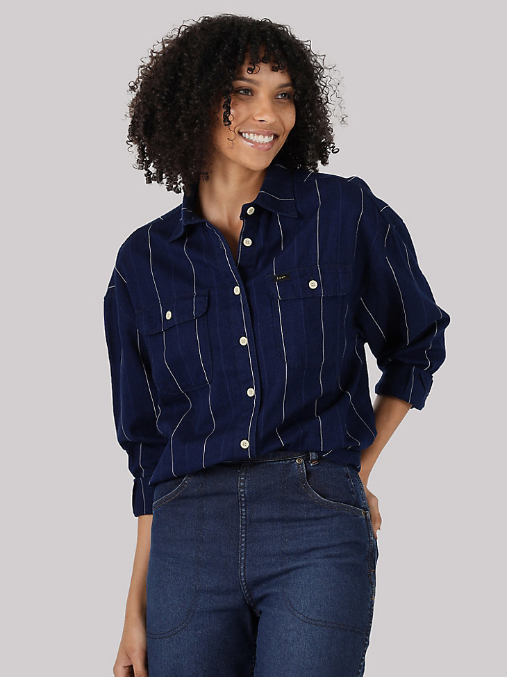 Women's Heritage Frontier Stripe Button Down Shirt in Blue Stripe main view
