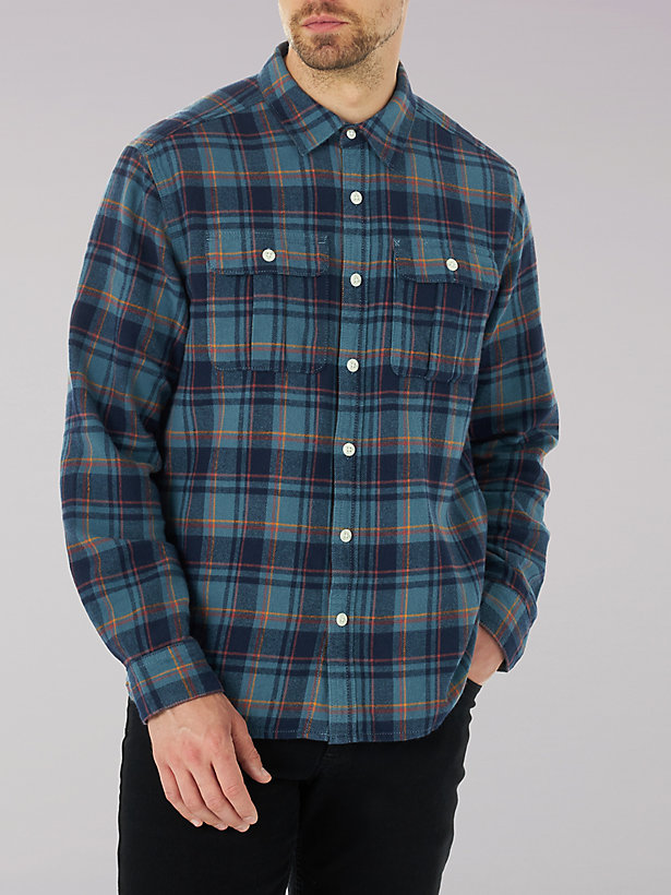 Men's Working West Flannel Plaid Button Down Shirt in Blue Punch