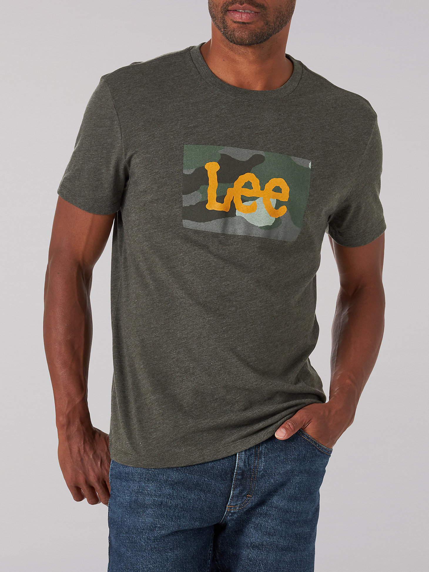 Men's Camo Twitch Box Logo Graphic Tee in Heather Sea Weed main view