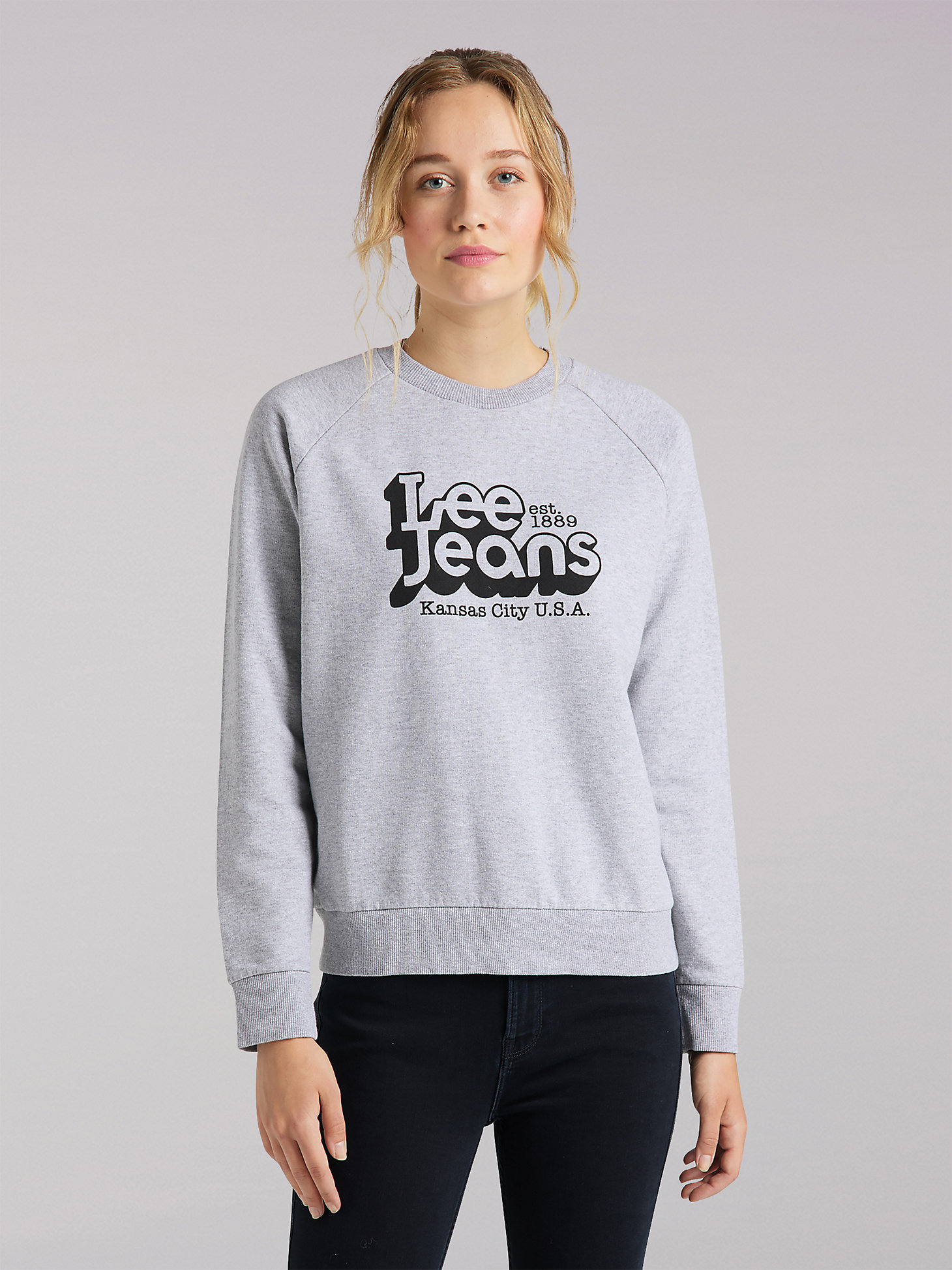 Women's Lee European Collection Graphic Crew Neck Sweatshirt in Grey Mele main view