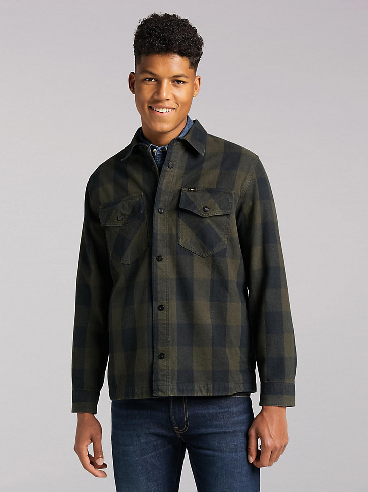 Men's Lee European Collection Double Pocket Plaid Button Down Overshirt in Serfico Green main view