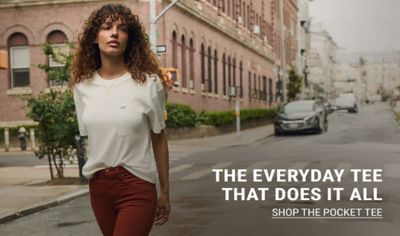 woman wearing pocket tee the everyday tee that does it all