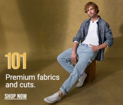 101 premium fabrics and cuts man wearing railroad stripe 101 jeans