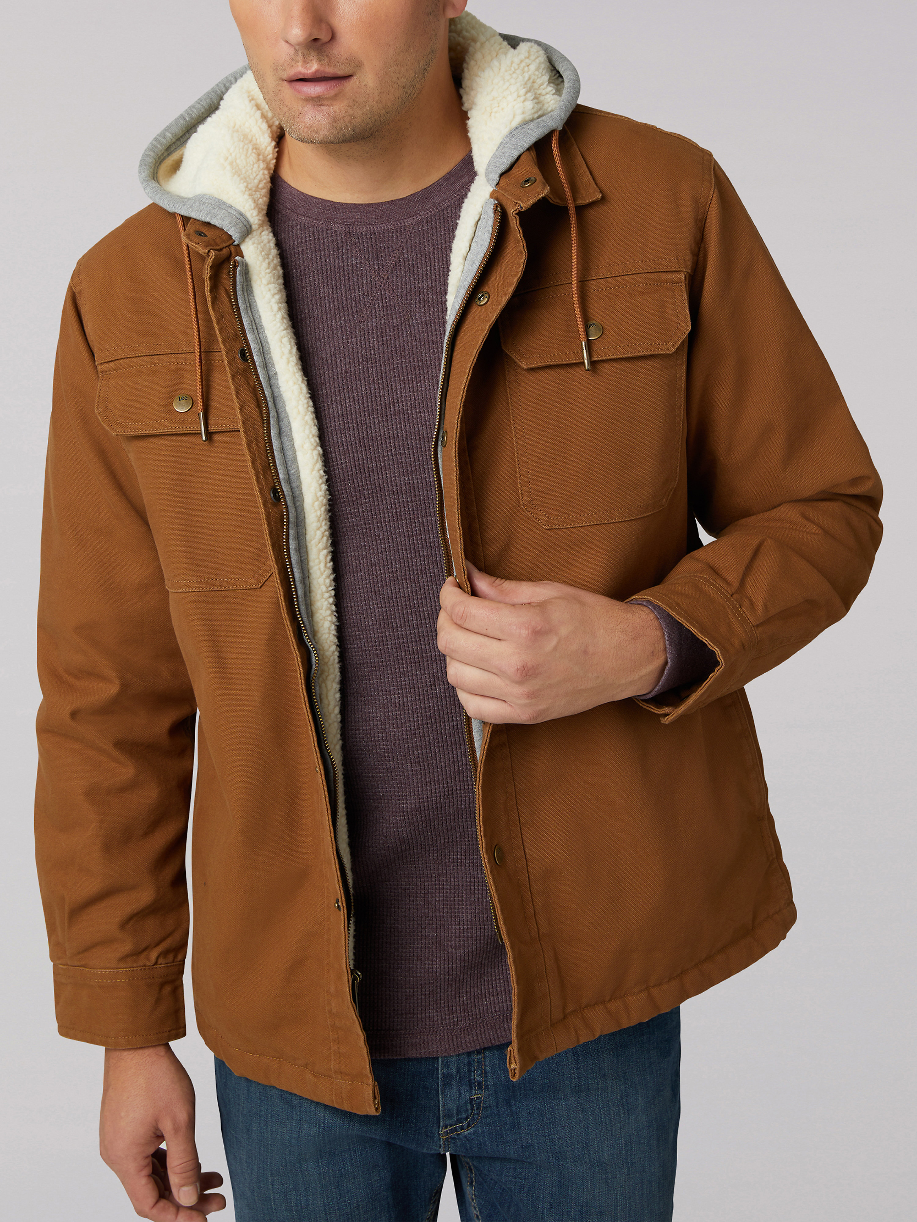 Men's Sherpa Lined Canvas Double Pocket Fleece Hood Jacket