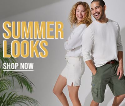 Summer Looks. Male and Female standing together wearing Lee shorts