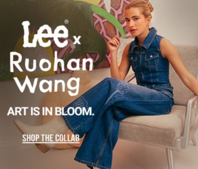 Lee x Ruohan Wang Art is in Bloom Shop Now woman wearing Ruohan Wang jumpsuit