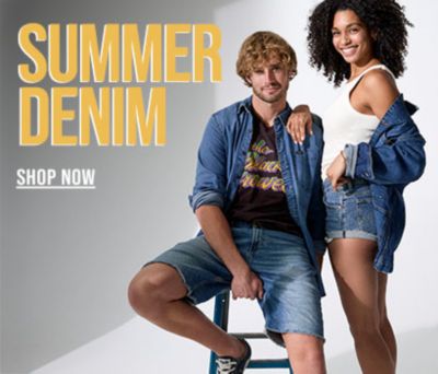 Shop Denim Shorts Women and Man Wearing Denim Shorts