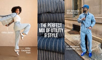 the perfect mix of utility and style. Male and female wearing full railroad stripe outfits