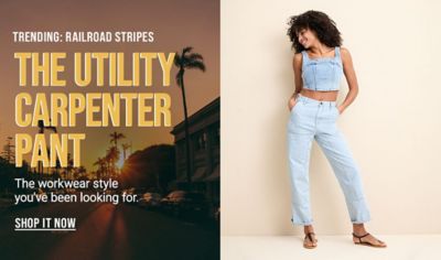 trending railroad stripes the workwear style the utility carpenter pant you have been looking for shop now woman wearing utility carpenter pants