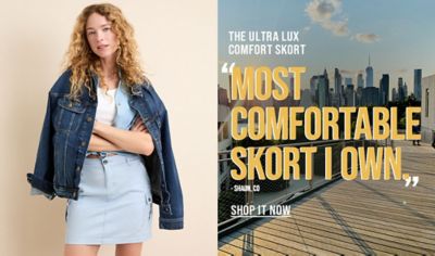 The ultra lux comfort skort. most comfortable skort I own. Woman wearing blue skort.