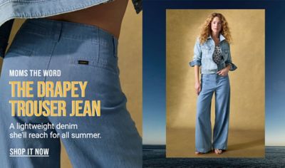 moms the word the drapey trouser jean a lightweight denim she will reach for all summer. woman wearing light wash drapey trouser
